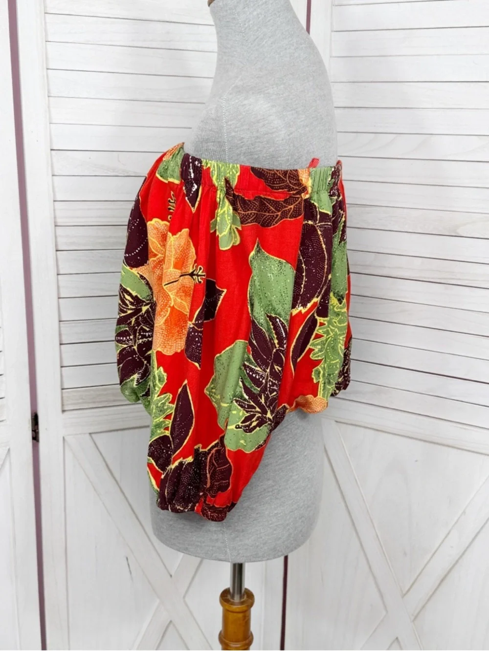 Free People Boho Tropical Flower‎ Print Off Shoulder Puff Sleeve Crop Top Red XS